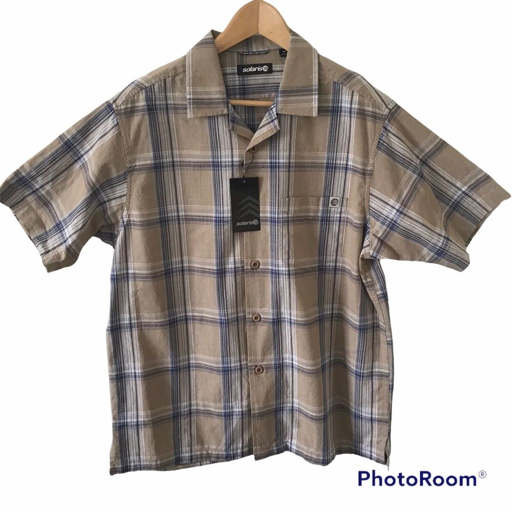 Solaris Mens Short Sleeve Button Up Plaid Camp Shirt L Khaki Blue Outdoors $45